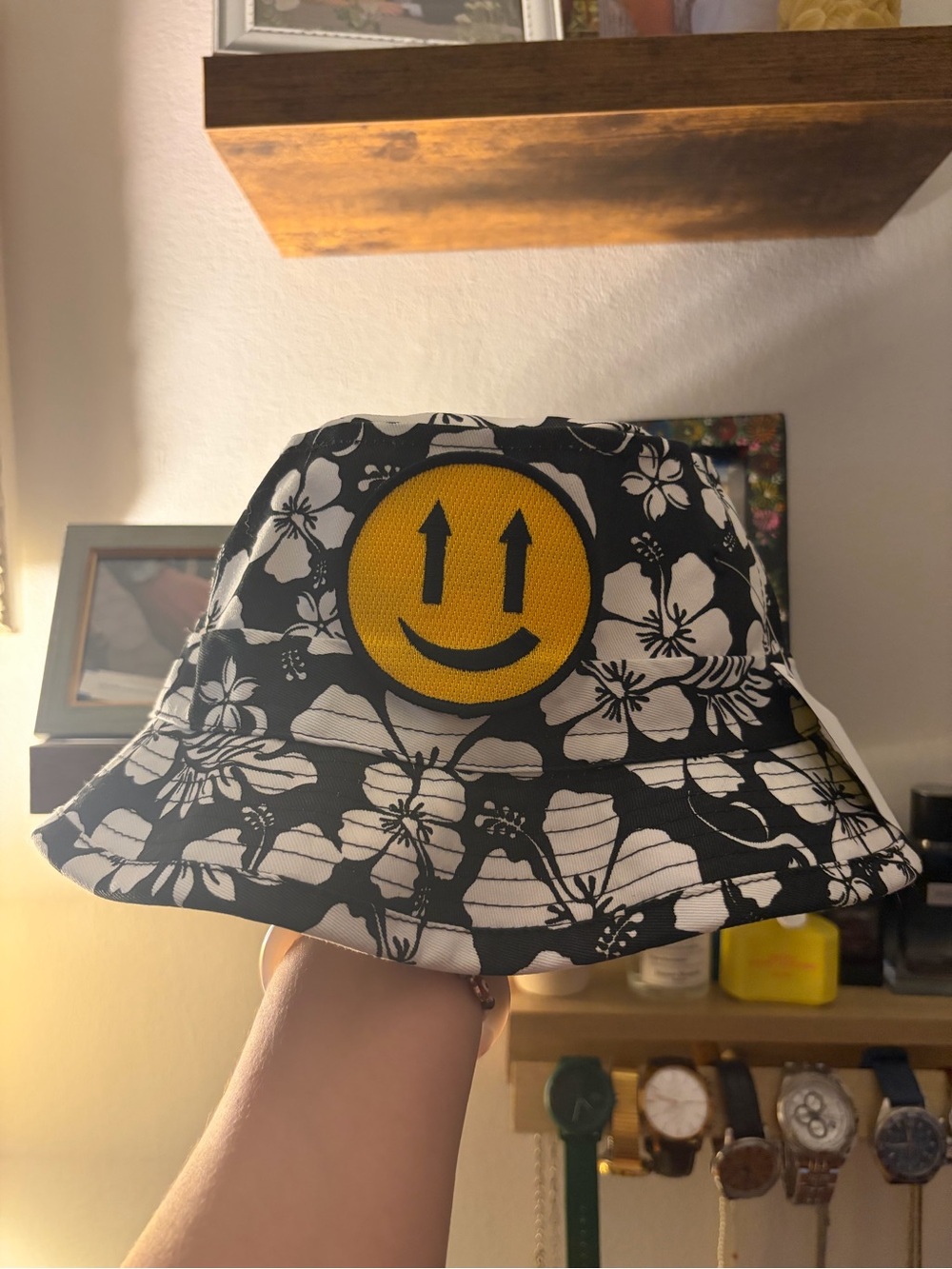 Black and White Floral Bucket Hat with Yellow Smile Patch